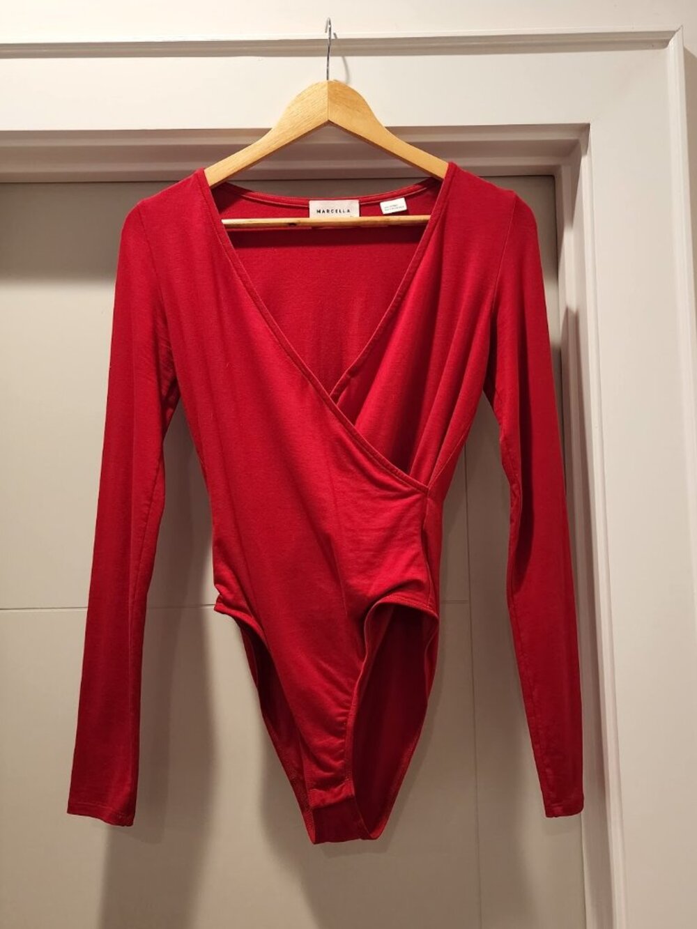 Marcella NYC Zora Bodysuit Red XS Long Sleeve V-Neck Tencel Jersey Wrap Style